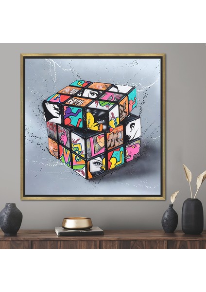 1 Parça Gold Çerçeveli Kanvas Tablo, Rubiks Cube Grafftii Baskı, Modern Grafiti Kanvas,