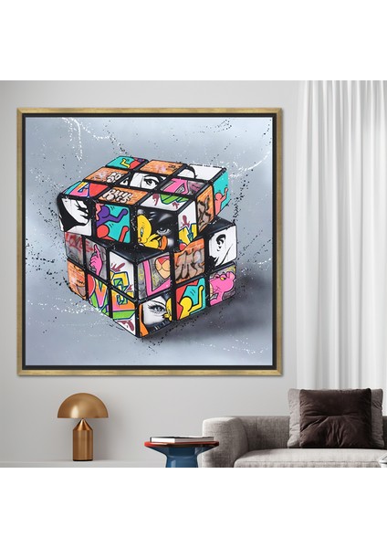 1 Parça Gold Çerçeveli Kanvas Tablo, Rubiks Cube Grafftii Baskı, Modern Grafiti Kanvas,