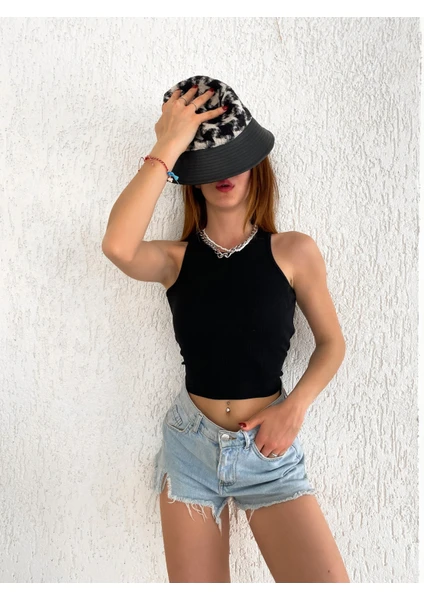 Fav Style Kadın Halter Yaka Kolsuz Kaşkorse Örme Fitilli Crop Bluz Siyah