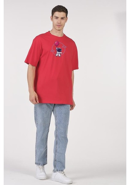 Oversize T-Shirt Cloudy Astronot Kırmızı