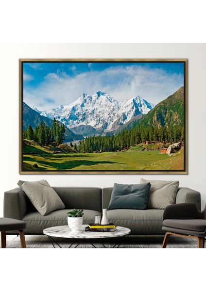 1 Parça Gold Çerçeveli Kanvas Tablo, Nanga Parbat ve Peri Meadows Peyzajı, Mountian Peyzajı Hediye K