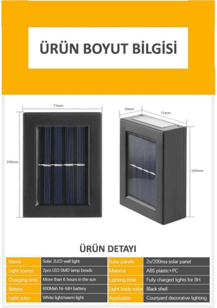 Yeni Model Solar Çift Taraflı Duvar Lambası Güneş Enerjili Aydınlatma Dekorasyon Aplik Işık (2 Adet) fiyatları