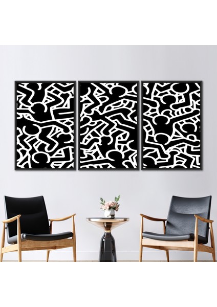 3 Parçalı Siyah Çerçeveli Kanvas Tablo, Keith Haring, Amerikan Caddesi Kanvas Sanatı,