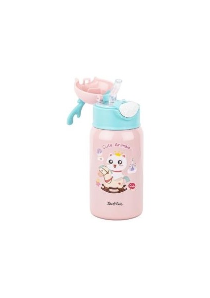 Pembe Kedi Desenli Paslanmaz Çelik Çocuk Termosu 400ML