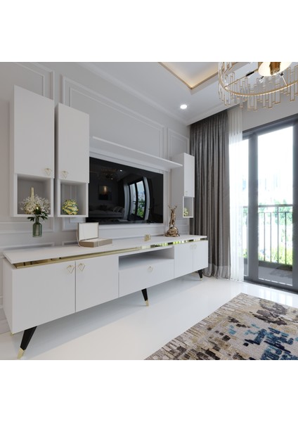 Modern Tv Sehpası Gold Üçgen Kulp Kepli G9024-1 Beyaz 35 cm Derinlik
