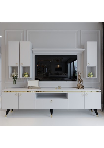 Modern Tv Sehpası Gold Üçgen Kulp Kepli G9024-1 Beyaz 35 cm Derinlik fiyatları