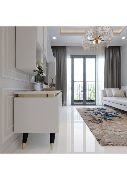 Modern Tv Sehpası Gold Üçgen Kulp Kepli G9024-1 Beyaz 35 cm Derinlik modelleri