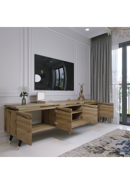 Modern Tv Sehpası Gold Üçgen Kulp Kepli G0M24-3 Çırağan 35 cm Derinlik