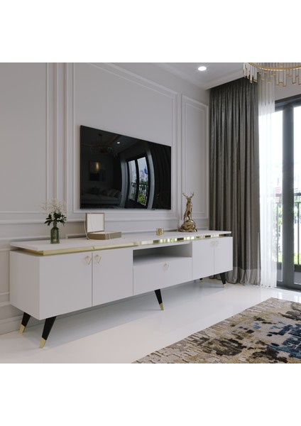Modern Tv Sehpası Gold Üçgen Kulp Kepli G0M24-1 Beyaz 35 cm Derinlik