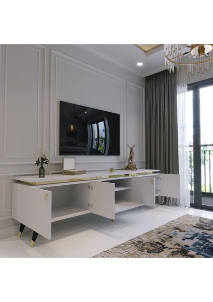 Modern Tv Sehpası Gold Üçgen Kulp Kepli G0M24-1 Beyaz 35 cm Derinlik fiyatları
