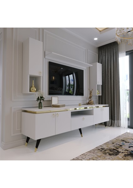 Modern Tv Sehpası Gold Üçgen Kulp Kepli G9025-1 Beyaz 35 cm Derinlik