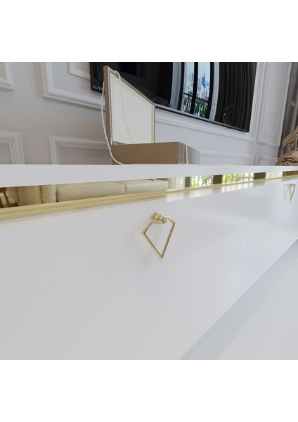 Modern Tv Sehpası Gold Üçgen Kulp Kepli G9025-1 Beyaz 35 cm Derinlik fırsatları