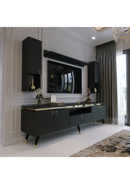Modern Tv Sehpası Gold Üçgen Kulp Kepli G9025-4 Antrasit 35 cm Derinlik