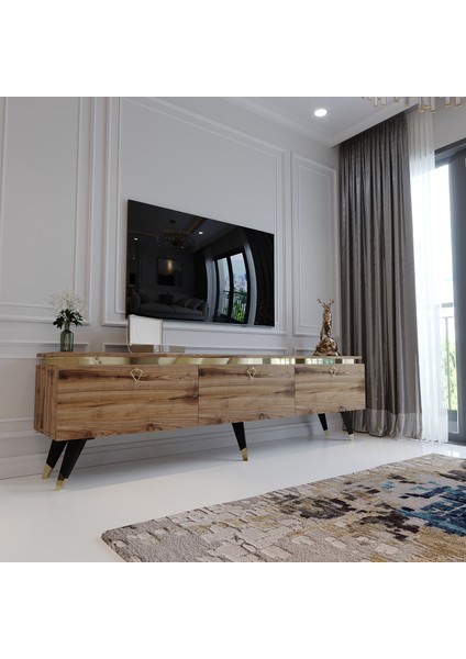 Modern Tv Sehpası Gold Üçgen Kulp Kepli G9107-3 Çırağan 35 cm Derinlik