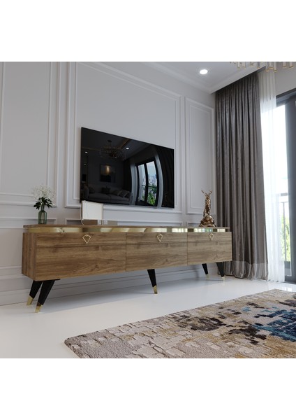 Modern Tv Sehpası Gold Üçgen Kulp Kepli G9107-2 Ceviz 35 cm Derinlik fiyatları