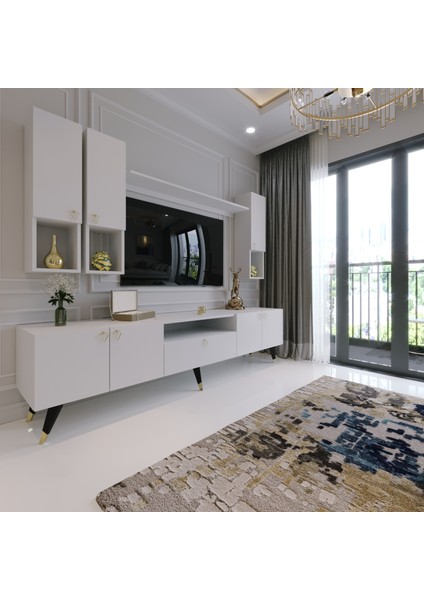 Modern Tv Sehpası Gold Üçgen Kulp Kepli G8024-1 Beyaz
