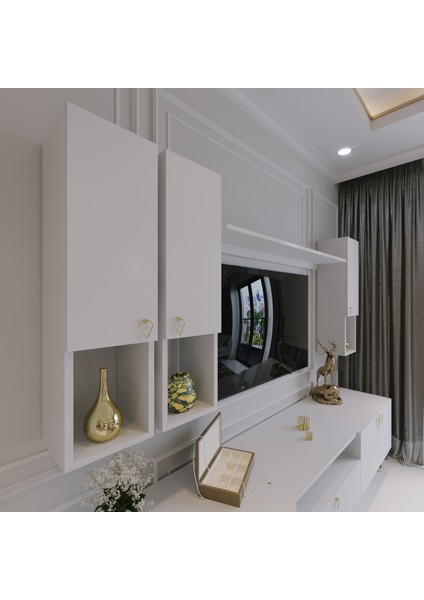Modern Tv Sehpası Gold Üçgen Kulp Kepli G8024-1 Beyaz