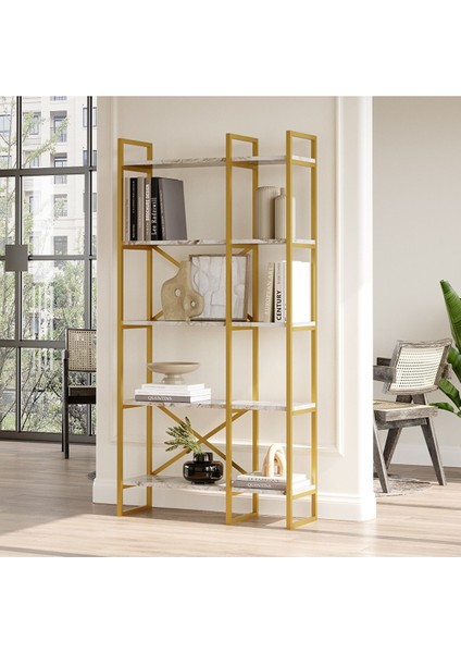 Arnis Gold Metal Kitaplık 5 Raflı 2 Bölme 175 cm Mermer Desen As4-Ge
