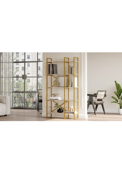 Arnis Gold Metal Kitaplık 5 Raflı 2 Bölme 175 cm Mermer Desen As4-Ge