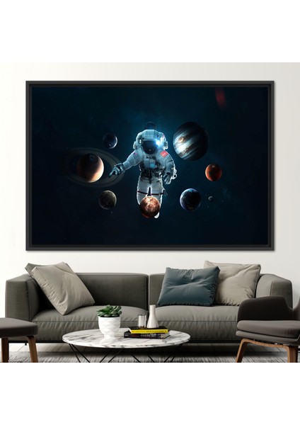 1 Parça Siyah Çerçeveli Kanvas Tablo, Güneş Sistemi Duvar Sanatı, Astronot Kanvas Sanatı,