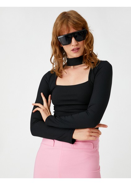 Chocker Yaka Crop Tişört Uzun Kollu