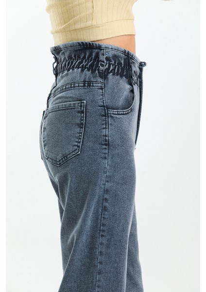 Gri Beli Büzgülü Bol Paça Wide Leg Jean modelleri