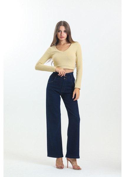 Siyah Beli Büzgülü Bol Paça Wide Leg Jean