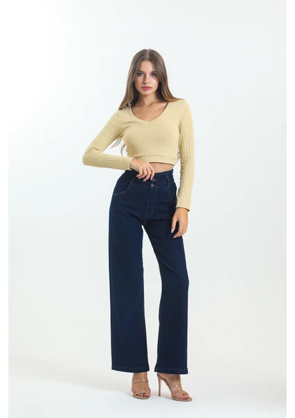 Siyah Beli Büzgülü Bol Paça Wide Leg Jean