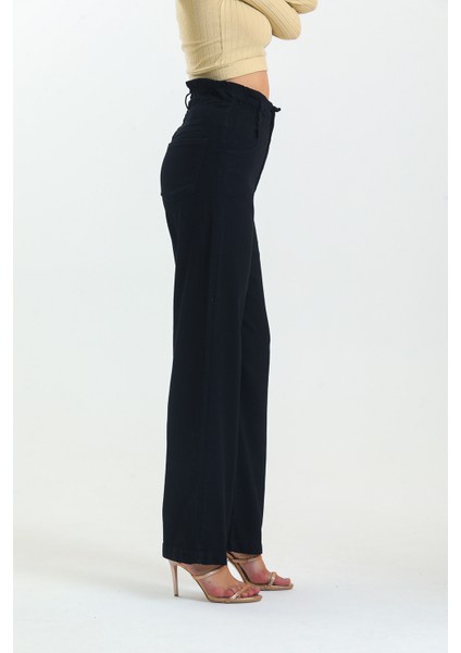 Siyah Beli Büzgülü Bol Paça Wide Leg Jean