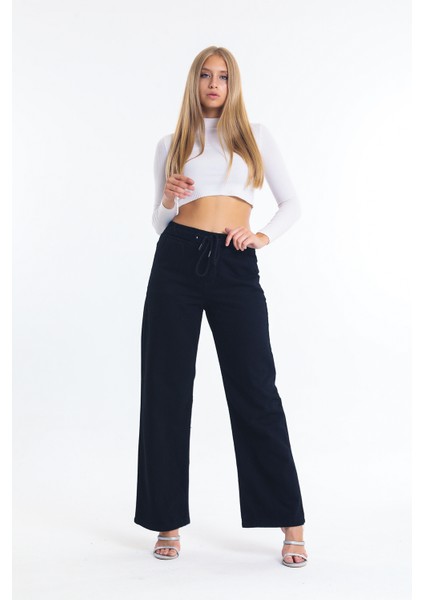 Siyah Beli Lastikli Bol Paça Wide Leg Jean