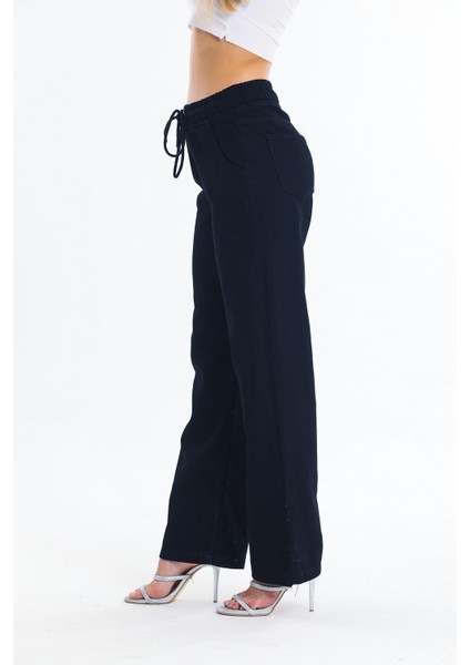 Siyah Beli Lastikli Bol Paça Wide Leg Jean