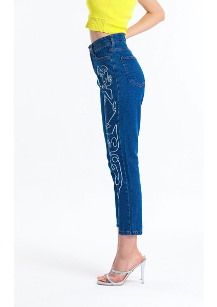 Lacivert Yüz Nakışlı Kot Pantolon Mom Jean