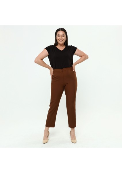 Kadın Kiremit Beli Lastikli Büyük Beden Dabıl Kumaş Pantolon fırsatları