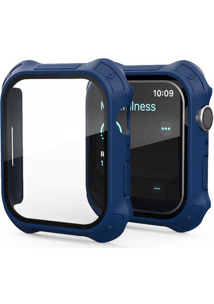 Apple Watch 7 Darbe Emici Tank Zırh Kasa ve Mat Görünümlü Ekran Koruyucu Gard 11 41mm Lacivert