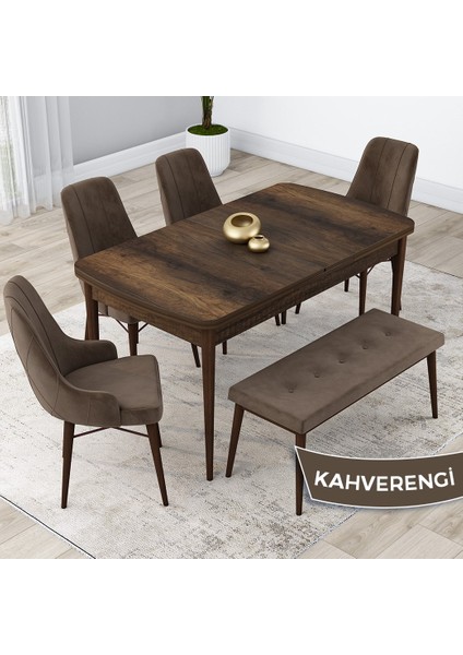 Concept Kar Serisi, 80X132 Açılabilir Mdf Mutfak Masa Takımı, Barok Ahşap Desen Masa 4 Sandalye 1 Bench