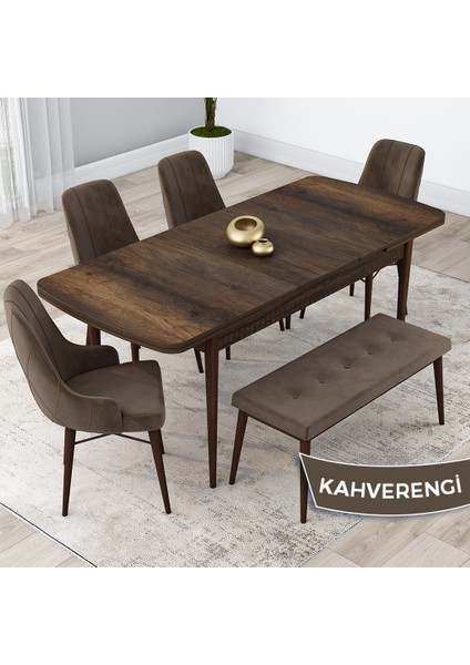 Concept Kar Serisi, 80X132 Açılabilir Mdf Mutfak Masa Takımı, Barok Ahşap Desen Masa 4 Sandalye 1 Bench