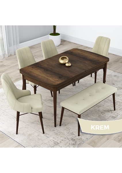 Concept Kar Serisi, 80X132 Açılabilir Mdf Mutfak Masa Takımı, Barok Ahşap Desen Masa 4 Sandalye 1 Bench