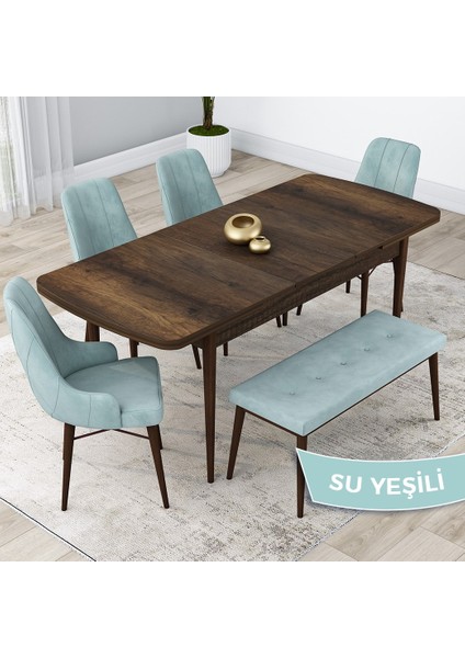 Concept Kar Serisi, 80X132 Açılabilir Mdf Mutfak Masa Takımı, Barok Ahşap Desen Masa 4 Sandalye 1 Bench