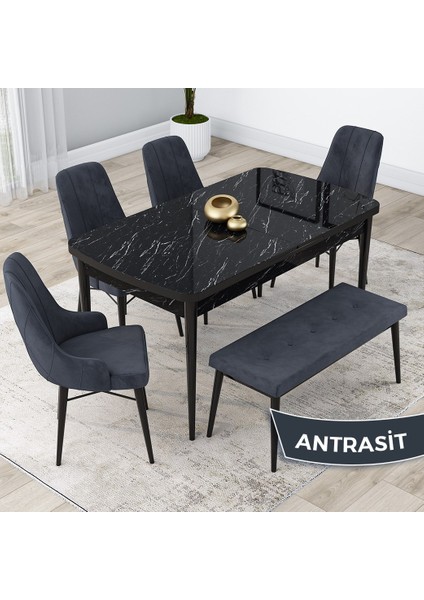 Concept Kar Serisi, Mdf 80X132 Açılabilir Masa Takımı, Siyah Mermer Desen Masa, 4 Sandalye 1 Bench