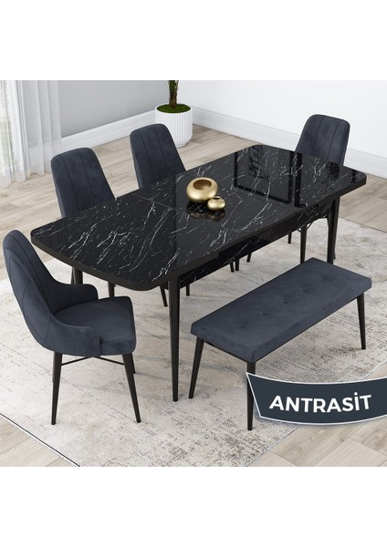 Concept Kar Serisi, Mdf 80X132 Açılabilir Masa Takımı, Siyah Mermer Desen Masa, 4 Sandalye 1 Bench