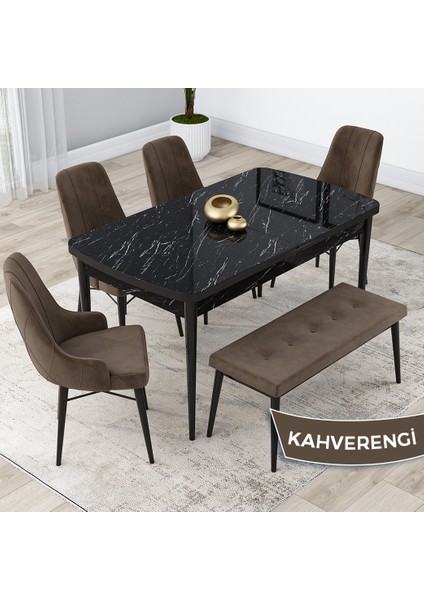 Concept Kar Serisi, Mdf 80X132 Açılabilir Masa Takımı, Siyah Mermer Desen Masa, 4 Sandalye 1 Bench