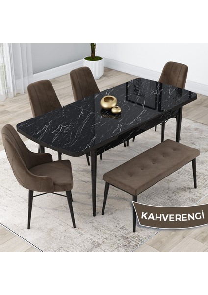 Concept Kar Serisi, Mdf 80X132 Açılabilir Masa Takımı, Siyah Mermer Desen Masa, 4 Sandalye 1 Bench