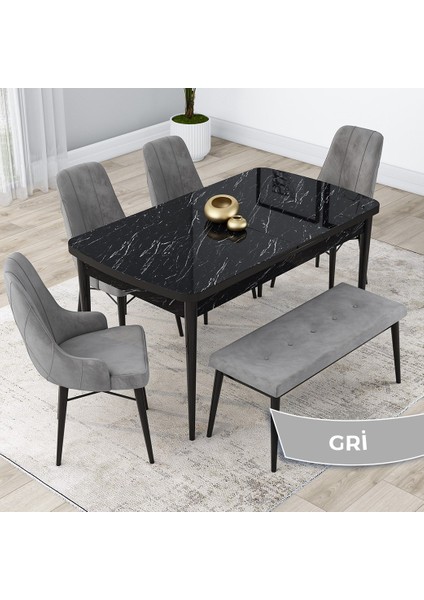 Concept Kar Serisi, Mdf 80X132 Açılabilir Masa Takımı, Siyah Mermer Desen Masa, 4 Sandalye 1 Bench