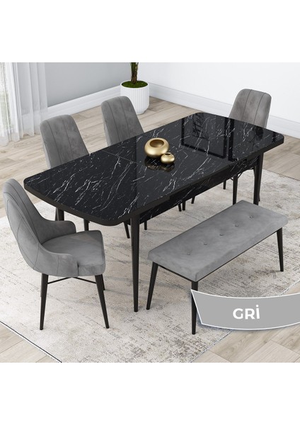 Concept Kar Serisi, Mdf 80X132 Açılabilir Masa Takımı, Siyah Mermer Desen Masa, 4 Sandalye 1 Bench