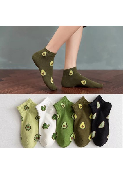 5 Çift Unisex 36-44 Beden Arası Uyumlu Orta Kalınlıkta Renkli Avakado Desenli Çorap Seti Socks Set Avakado Yarim Kolej