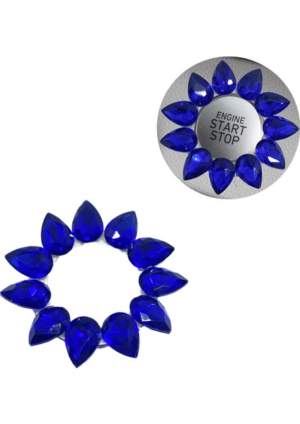 Kristal Damla Taşlı Start Stop Düğme Halkası Saks Mavi