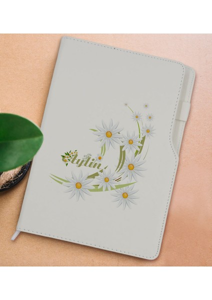 Gift Kişiye Özel Papatya Temalı Beyaz Termo Deri Not Defteri 15X21CM-1