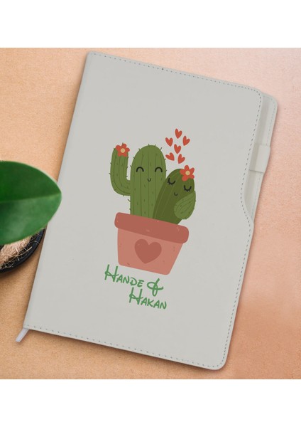 Gift Kişiye Özel Kaktüs Tasarımlı Beyaz Termo Deri Not Defteri 15X21CM-11