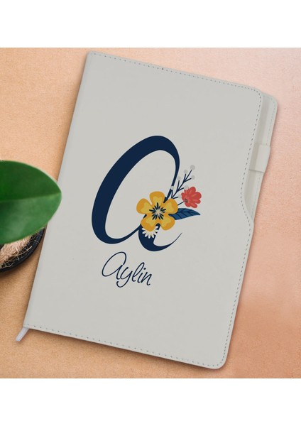 Gift Kişiye Özel Harf ve Isim Tasarımlı Beyaz Termo Deri Not Defteri 15X21CM-2