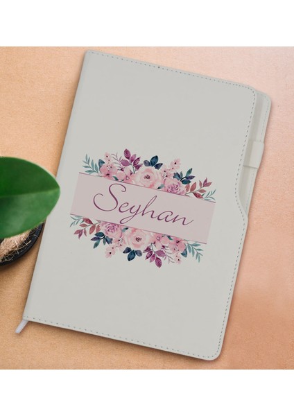 Gift Kişiye Özel Çiçek Tasarımlı Beyaz Termo Deri Not Defteri 15X21CM-22